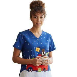 Butter Soft Scrub Top Womens Medium Blue Christmas Holiday Cotton Uniform